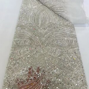 African Lace Fabric 2025 Handmade Beads Lace Fabric France Sequin Nigerian Embroidery Bridal White Lace Fabric for Sewing Q377-1