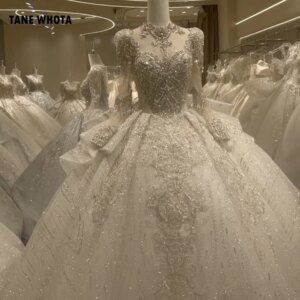Abito Sposa 2025 High Long Sleeve Lace Up Keyhole Back Ball Gown Sequined Beading Embroidery Bow Customized Wedding Dress