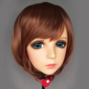 (Feng-1)Female Sweet Girl Resin Half Head Kigurumi BJD Eyes Crossdress Cosplay Japanese Anime Role Lolita Mask With Eyes And Wig