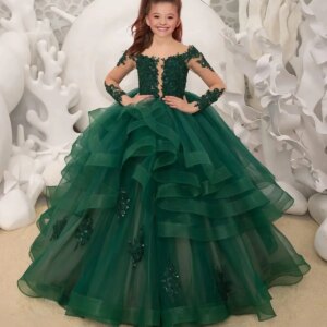 Custom Long Sleeve Flower Girl Dresses Laces Applique Beaded Princess Pageant Dress Beaded Ruffle Tulle Kids Prom Party Gown