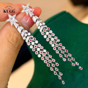 KUGG 100% 18K White Gold Earrings Romantic Star Tassels Style Luxury Diamond Natural Ruby Earrings for Women Senior Banquet