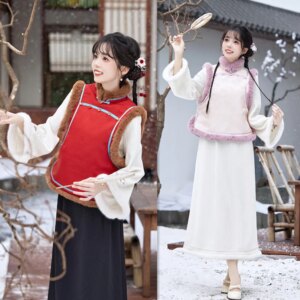 Satin Jacquard Cheongsam Qi Pao Vest Winter New Improved Chinese Young Girl’s Casual Wearable Year Clothes
