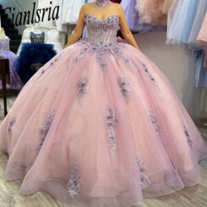 Pink Glitter Crystal Appliques Lace Quinceanera Dresses Ball Gown Sweetheart Sleeveless Bow Sweet 15 Años Mexican Customized