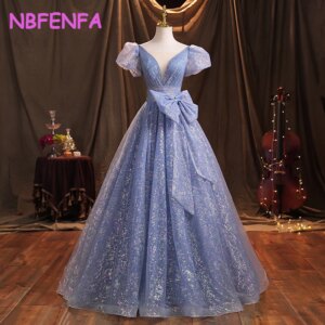 Elegant Glitter V-Neck Evening Night Dresses A Line Korea Customised Lace Short Sleeve Bride Dress Corset Backless Prom Dress