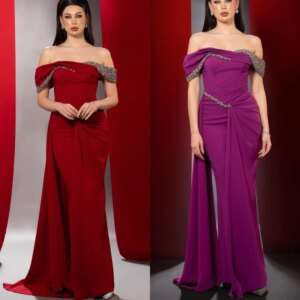 Customized Exquisite Jersey Pleat Pattern Column Off-the-shoulder Long Dresses Celebrity Dresses Sizes Available Casual