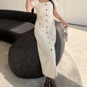 Customized High Quality Jersey Buttons Belt Evening Dresses Formal Short Sleeves Square Neck Prom Dress Custom Size Pa
