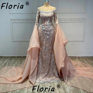Blush Pink Scoop Dubai Crystal Evening Dress with Flare Sleeves Beaded Appliques 3D Mermaid Formal Occasion Dresses Celebrity