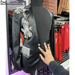 Black Groom Wear Beading Tassel Crystal Formal Men Suits 2 Piece Jacket And Pants Sets Smart Casual Business Blazer