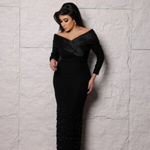 Customized Fashion Black Jersey Evening Dress Temperament Beading Crystal Boat Neck Sweep Train Long Sleeves Vestido D