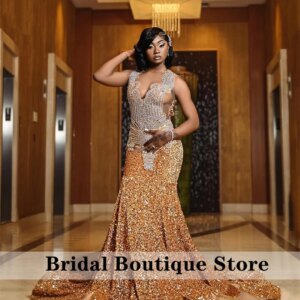 Charming Gold Prom Party Dresses 2025 Glitter Beading Diamonds Crystal Birthday Dress Sequins Gown For Black Girls Customized