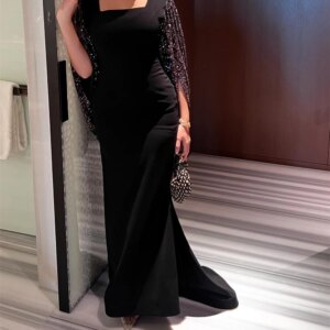 Customized Temperament Black Jersey Evening Dress Elegant Sequined Ruched Square Collar Long Sleeves Sweep Train Robe