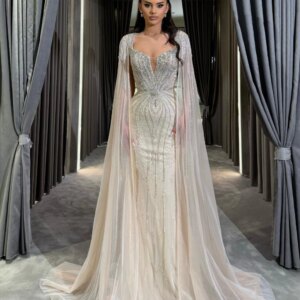 Glitter Luxury Beaded Tassel Evening Dress With Cape Sleeve Graceful Mermaid Long Wedding Party Gown Sexy V-neck Prom Dresses
