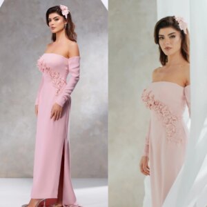 Customized Simple Off-the-shoulder Strapless Sheath Contoured Flower Satin Custom