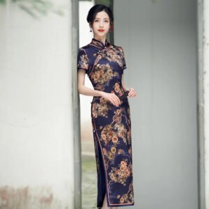 Quality Real Silk Cheongsam Qipao Improved Retro Dress Temperament Long Chinese Chi-Pao