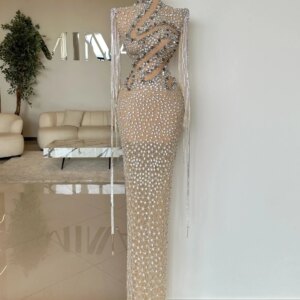 Heavy Beaded Rhinestones Sheath Evening Dress Luxury Tassel Long Sleeve Wedding Party Gown New Customized Illusion Prom Dresses
