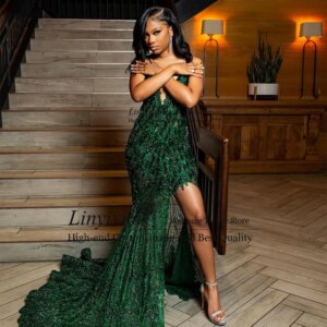 Sparkly Sequin Mermaid Prom Dresses for Women Side Slit Evening Party Gowns Sleeveless Court Train Cvestidos de galaustomized