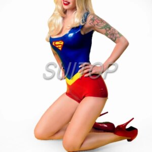 new Item 100% nature rubber Superman suits latex teddies leotard for female Hollyhood uniforms woman