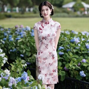 Summer New High Quality Real Silk Improved Printed Casual Short Sleeve Robe Qipao Women’s Dress plus Size