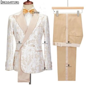 Champagne Jacquard Men Business Formal Occasion Tuxedos Grooms Wedding Party Prom Male Suit 2 Piece Set Blazer Pants