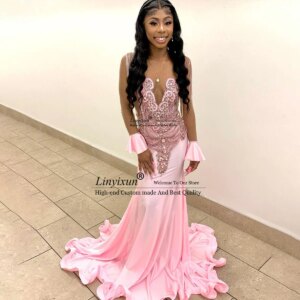 Luxury Diamonds Long Prom Dress For Black Girls 2024 Sparkly Lace See Through Birthday Party Mermaid Evening Dresses