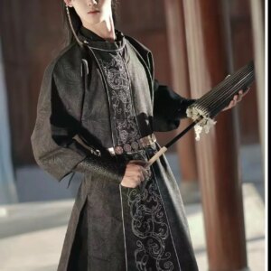 Men’s Cool Black Hanfu Dress Upgraded Ancient Silver Stamping Embroidery Round Neck Robe Stylish Swordsman Cosplay Suit Tang