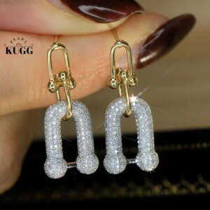 KUGG 100% 18K White+Yellow Gold Earrings Women 0.90carat Real Natural Diamond Drop Earrings Fashion Shiny Design Party Jewelry