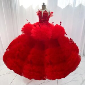 Girl piano host solo singing awards deluxe princess dress 10th birthday party dress school performance show red veil dress