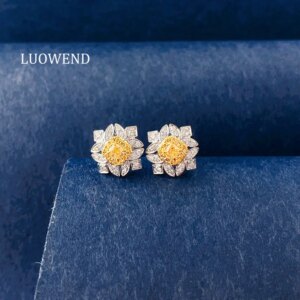 LUOWEND 100% 18K White Gold Earrings Real Natural Yellow Diamond Earrings for Women Elegant Romantic Style High Party Jewelry