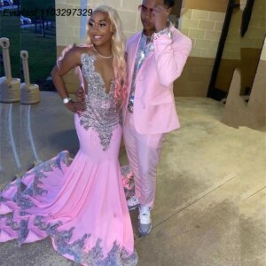 EVLAST Customized Pink African Mermaid Prom Dress Crystals Beading For Black Girls Evening Party Gown Robe De Soiree TPD08