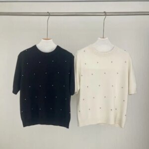 Autumn B*C Women 100% Cashmere Sweater Diamond Decoration Short Sleeve O-Neck Fashion Ladies Knitted Pullover