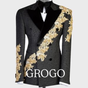 Black Jacquard Formal Wedding Suits Gold Appliques Beading Men’s Business Suit 2 Pieces (Jacket+Pants) Man Tuxedo Groom Wear
