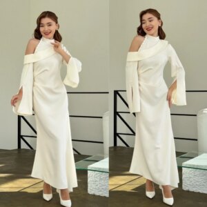 Customized High Quality Exquisite Collar A-line Evening Satin Anke Length Custom