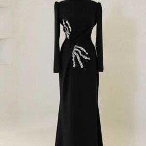Customized Delicate Jersey Crystal Evening Dresses Formal Long Sleeves High Neckline Prom Dress Custom Size Celebrity