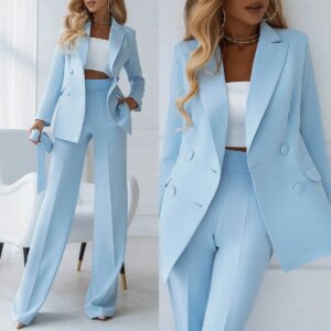 Sky Blue Women Pants Suit Celebrity Lady Long Sleeve Wear Evening Party Wedding Formal Outfits 2 Pieces