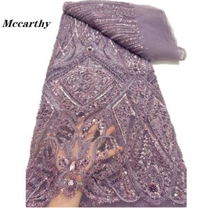 Purple African Beads Lace Fabric 2024 High Quality Sequins Embroidery French Beaded Tulle Laces For Nigerian Wedding Dress