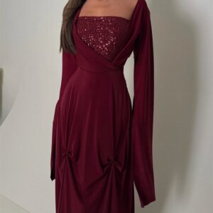 Customized Elegant Burgundy Velour Evening Dress Exquisite Sequined Ruched Square Collar Long Sleeves Sweep Train Robe