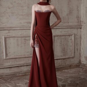 Tailor Shop Customizes Strapless Bridal Wine Red Banquet Wedding Evening Gown