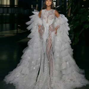 Glitter Ruffled Tulle Women Cape Tiered Prom Coat Evening Party Wear Robes cloak