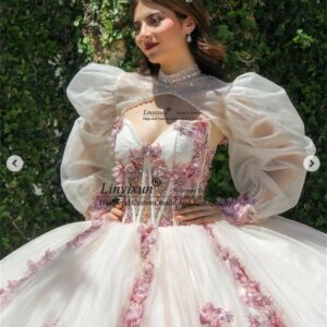 Ball Gown Quinceanera Dresses With 3D Floars Appliques Sweet 16 Birthday Gown Customized Pruffy Sleeves Vestido De VX 15 Anos