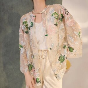 New Chinese style flower embroidered beaded thin coat light luxury design sense of temperament blouse