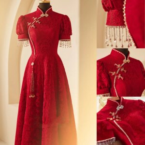 Lace Chinese Bride Wedding Dress Cheongsam Rhinestone Tassel Beads Evening Party Dress Qipao Classical A-Line Formal Party Dress