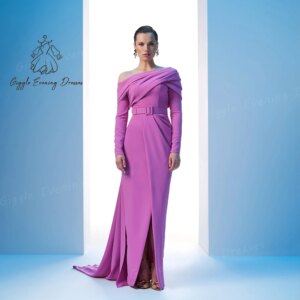 Giggle Off-the-Shoulder Crepe Formal Party Dresses Slit Mermaid Floor-Length Long Sleeves Sweep Train with Belt Prom Dresses