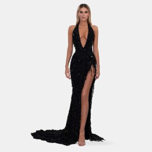 Luxury Evening Dress Black Beading Tassel Sequined Front Fork Sexy Evening Dresses Sheath Halter 2024 Long Beaded Evening Gowns