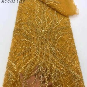 Mccarthy African Sequins Lace Fabric High Quality French Nigerian Groom Lace Mesh Fabrics Beads For Sewing Dress Wedding Party