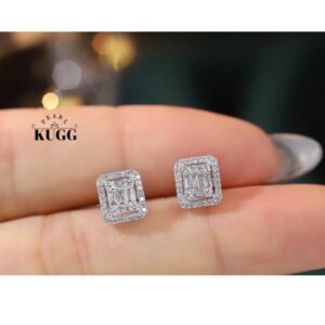 KUGG 18K White Gold Earrings Shiny 0.36carat Real Natural Diamond Stud Earrings for Women Fashion Square Design High Jewelry
