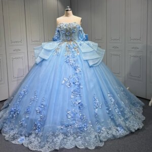 Customized sky blue Off Shoulder Quinceanera Dress Lace sequin applique crystal 3D flower Long tail vestidos de 15 Quinceanera