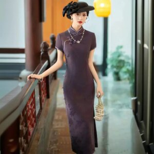 High-End Woven Cheongsam Qipao Summer Jacquard Improved Quality Real Silk Dress Long Chinese Chi-Pao