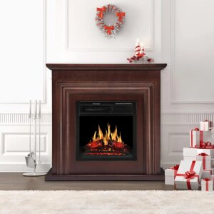 36″ Brown TV Stand with Freestanding Electric Fireplace, Remote Control, Adjustable Led Flame, 750W/1500w