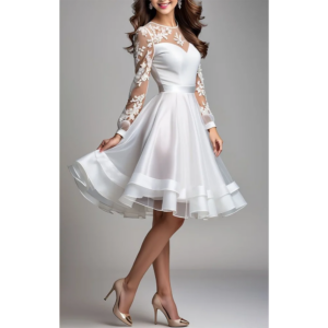 Summer New Style O Neck White Flower Tulle Lace Illusion Prom Gown A Line Long Sleeves Knee Length Party Dress