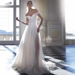 Sparkling elegant A-line V-neck Wedding dress Sexy side slit Transparent Long sleeve off Shoulder beaded Beach Bridal dress 2024